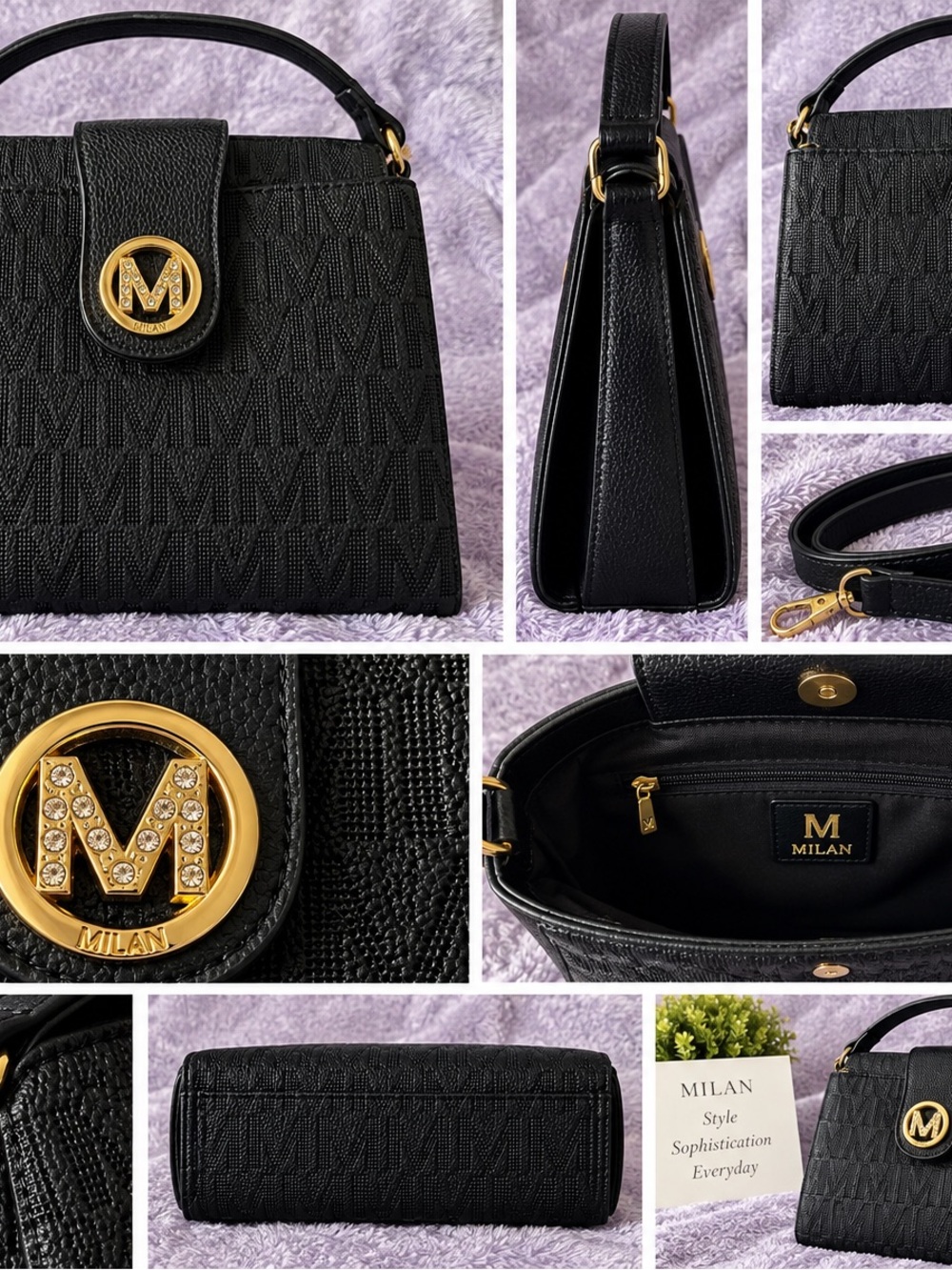 Milani Black Embossed Satchel with Gold Crystal 'M' Medallion